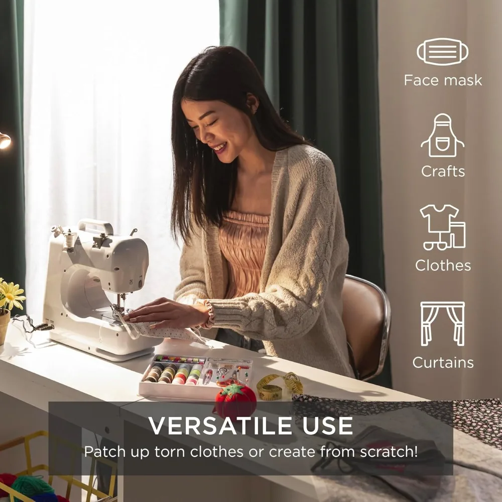 ماكينة خياطة مدمجة للمبتدئين مع طقم 42 قطعة و12 أنماط غرزة ودواسة قدم خفيفة محمولة باللون الرمادي والأبيض