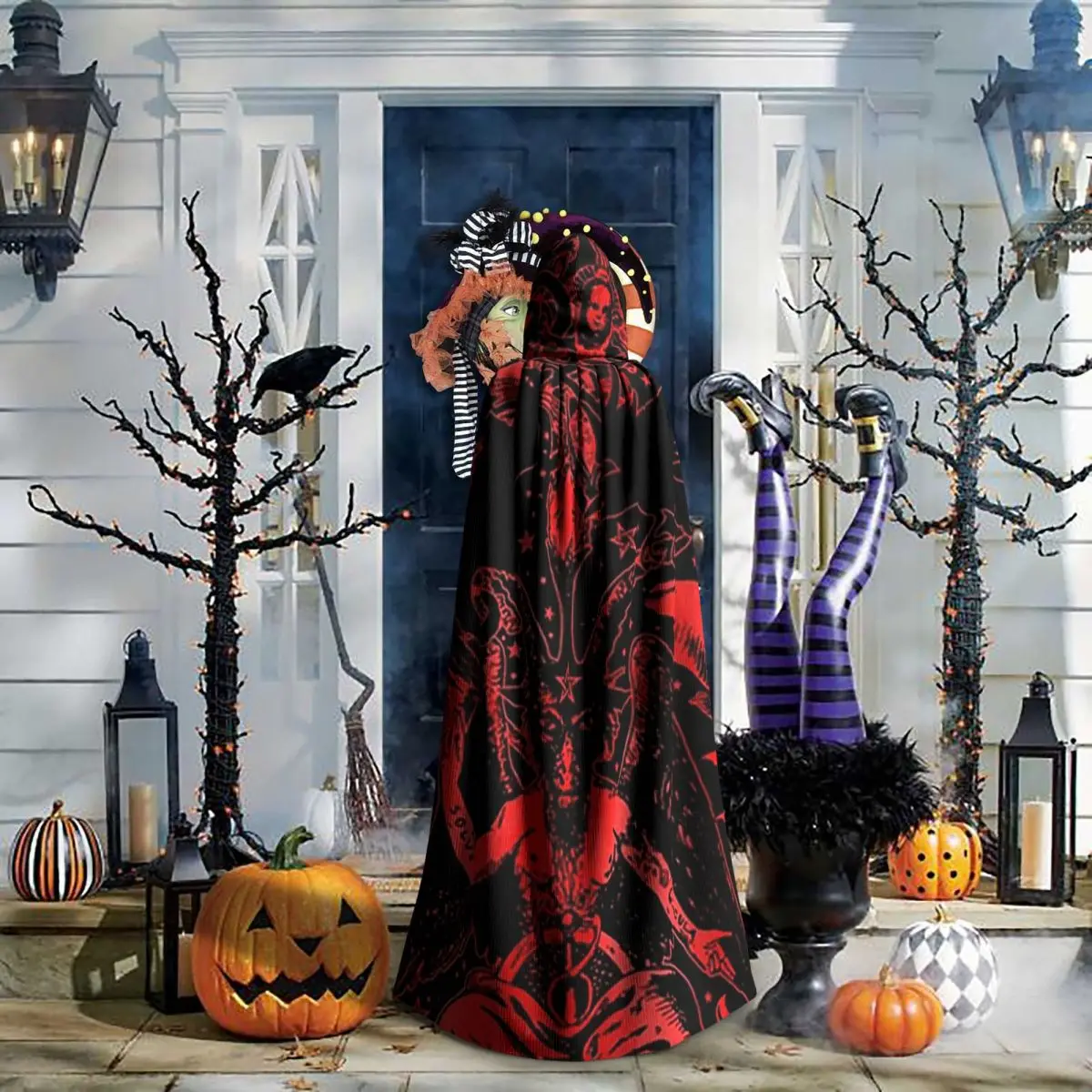 赤い五芒星バフォメットオカルト悪魔ロングフード付きマント魔女中世コスチュームコスプレケープハロウィンヴァンパイア大人ユニセックス