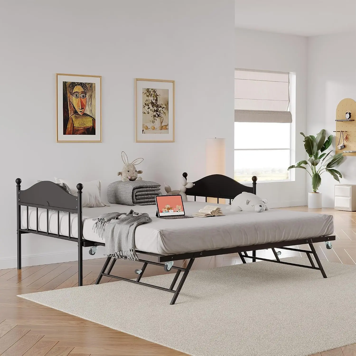 Garvee Heavy Duty Metal Bed Frame No Box Spring Needed Platform Bed Base with Sturdy Modern Iron Bedstead Steel Slatted Bed for Living Room Bedroom