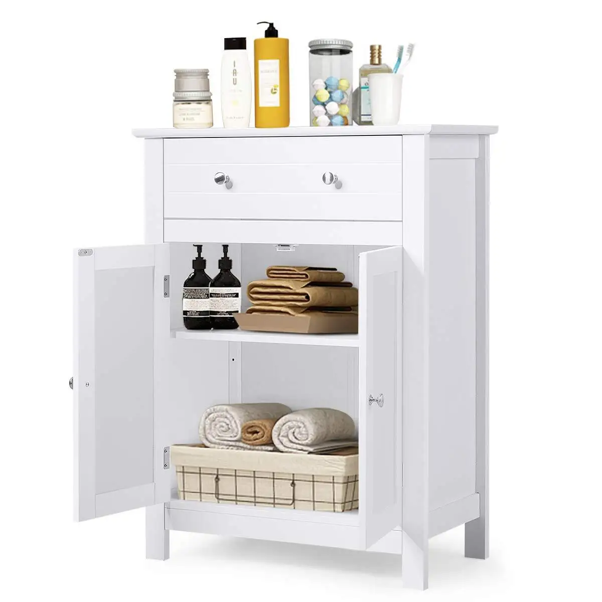 

Bathroom Floor Storage with Drawer Pantry Kitchen Cabinet Furniture White