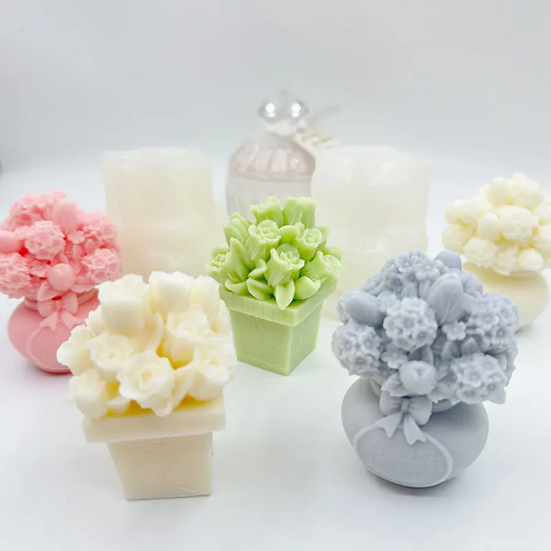 Molde de silicona de ramo de rosas, cesta de flores hecha a mano, molde de yeso de resina de jabón, herramienta de fabricación de cubitos de hielo de pastel de Chocolate DIY, decoración de boda