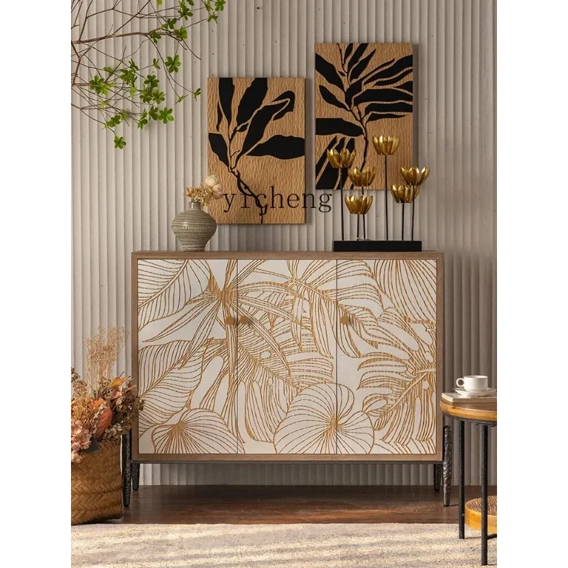 Retro Carved Door Cabinet Small Apartment Dining Side Cabinet Living Room Wall Storage Cabinet Antique FurnitureX24
