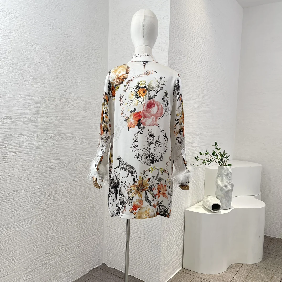 White Re-tro High Quality Silk Floral Print 2024 New Women Clothing Long Sleeve Feather Spring Summer Mini Dress