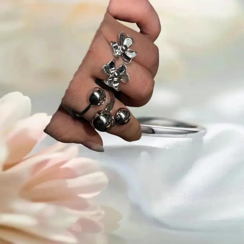 1x المبالغة الشرير المعادن شخصية تصميم هندسي زهرة الكرة شكل خواتم للنساء موضة بسيطة قابل للتعديل مجوهرات هدية #6