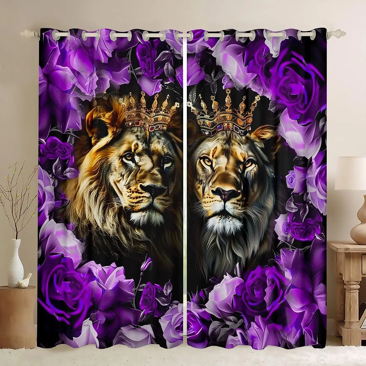 Luxurious Purple Lion King Crown Floral Curtains Majestic Royal Rose Pattern Window Drapes Panel for Living Room Home Decor