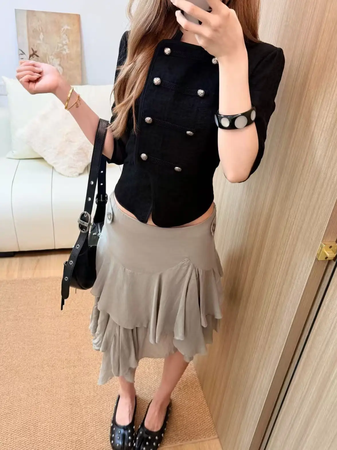 Lace Splice Design Half Transparent Napoleon Double Button Short Sleeve Women's Jacket Korean Style Breathable Straight Cut Top