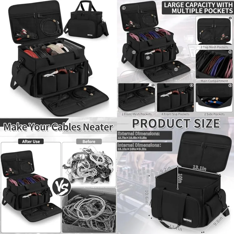 

DJ Cable File Bag with 6 Detachable Dividers High Capacity Gig Cable Bag for Cords, DJ Gear, Sound Instrument and Accessories