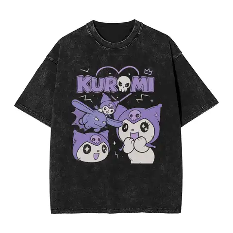 Kuromi Print Washed T Shirt Męski Y2K Retro Bawełniane T-Shirty Plażowe Harajuku Tees Print Duży Rozmiar Odzież