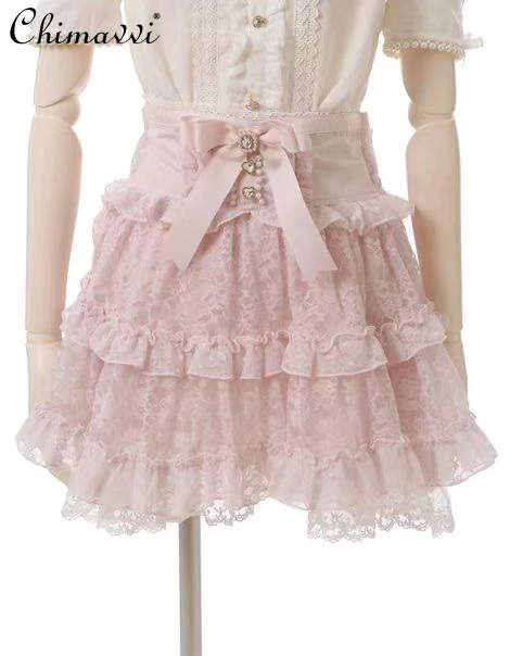 Japanese Mine Mass-Produced Sweet Cute Short Skirt Lolita Style Puffy Lace Bow Lotus Leaf Skirt Above Knee Y2k Skirts Women