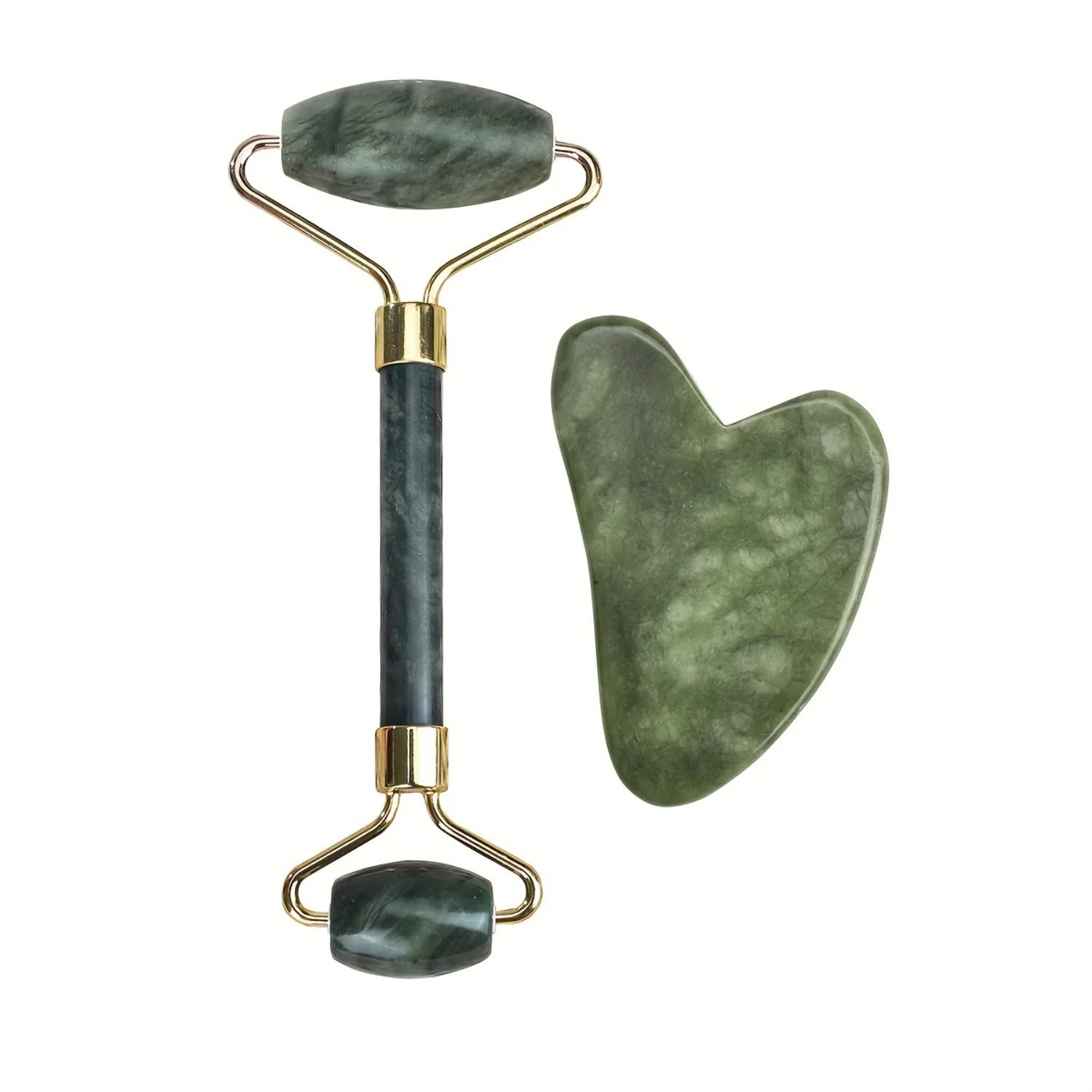 2個のフェイシャルビューティーマッサージローラーセット、フェイクジェイドローラー&カシャツール、スキンケア用ダブルヘッドアイローラー。