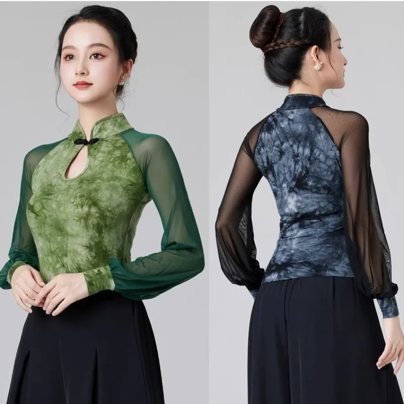 

Танцевальные топы в китайском стиле, сексуальный сетчатый женский комбинезон с длинными рукавами для латинских танцев, костюм для бальных танцев, танго