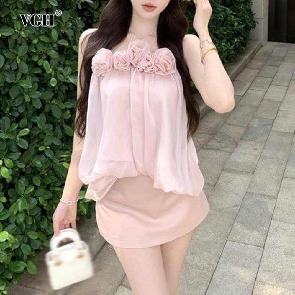 

VGH Solid Sweet Loose Two Piece Sets For Women Square Collar Sleeveless Spliced Appliques Top High Waist Skirt Sexy Set Female