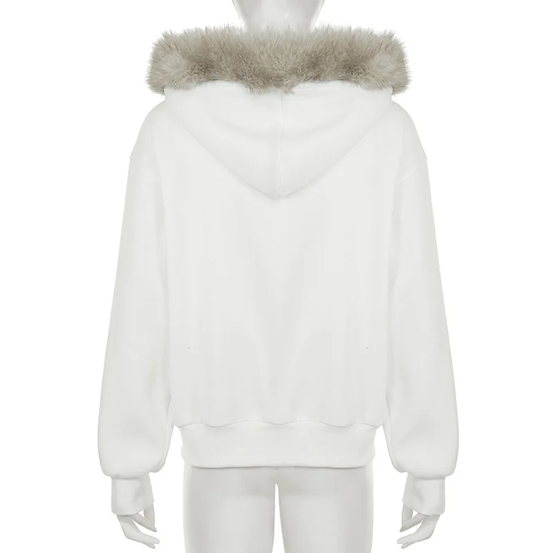 Y2K Fashion Hottie Letter Print Contrast Color Dark Hooded Cardigan Retro Fur Stitching Loose Fit All Match Jacket