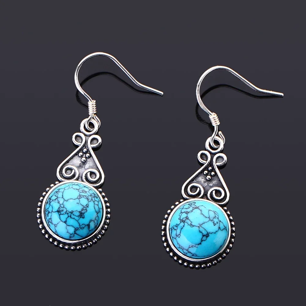 S925 Silver Drop Earring 10MM Round Turquoise Pendant Earrings Vintage Style Engagement Wedding Women Earrings 3