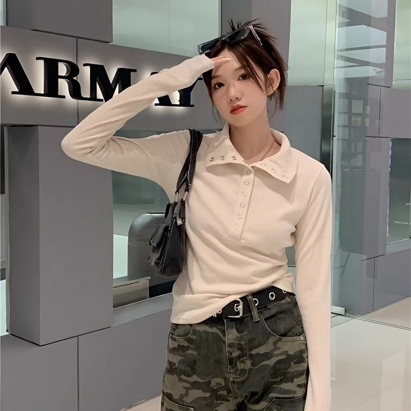 Women Fashion Slim Long Sleeve Shirts Button Solid Sexy Girl Pullover Tops Spring Fall Retro Simple T-shirt Casual Street Y2K