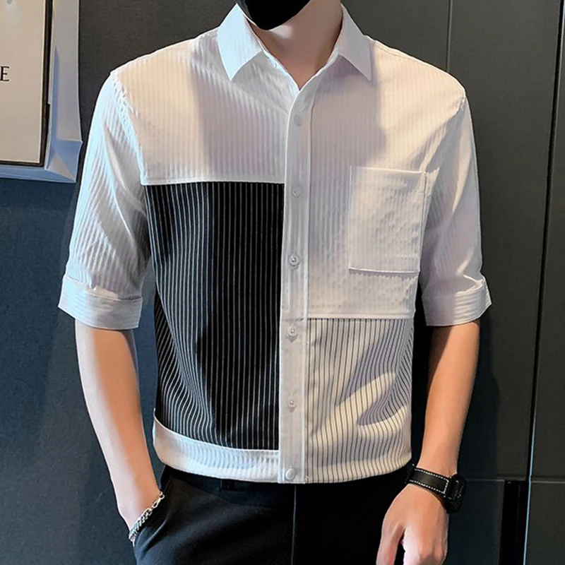 Fashion Loose Spliced Pockets Business Striped Shirts Men\'s Clothing 2024 Summer New Casual Tops All-match Asymmetrical Shirt