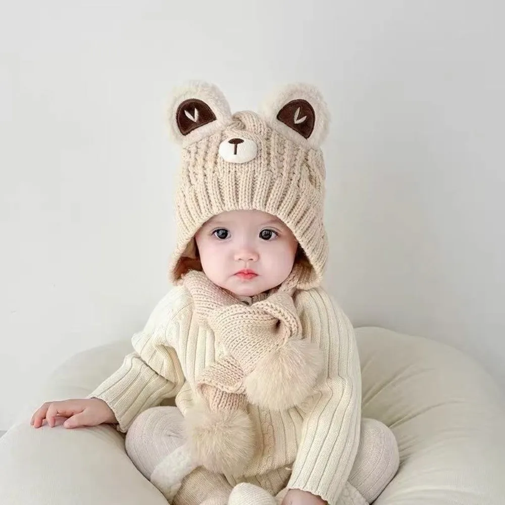

New Cute Bear Pullover Cap Warm Windproof Ear Protection Hat Pompom Coldproof Shawl