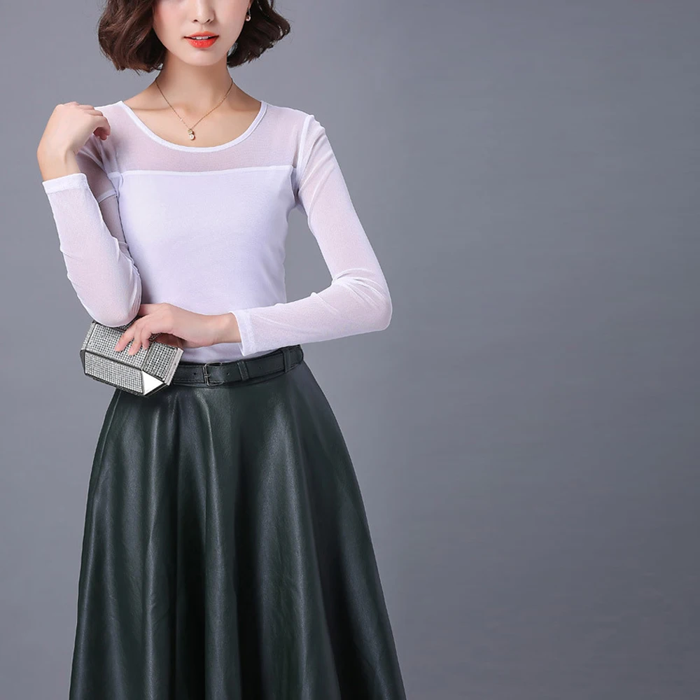 

Sexy See Through Mesh Splicing T Shirt Women's Black White Basic O Neck Long Sleeve Sheer Shirt Girls Stretch Clothes Ladies