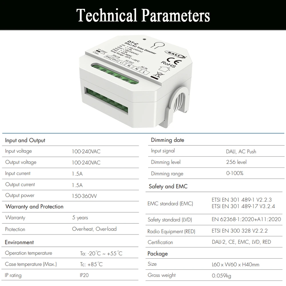 Imagem -05 - Dali-ac Lâmpadas Led Reguláveis Triac Dt-c com Interruptor Escurecimento e Redutor de Borda Única Cor ac 100240v 1.5a 360w