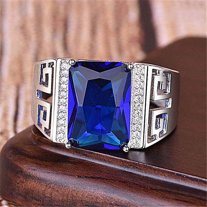 925 Sterling Silver Men's Ring Adjustable Open‑Band Rectangle Blue Sapphire CZ Stone Vintage Wedding Ring for Male Jewelry Gift