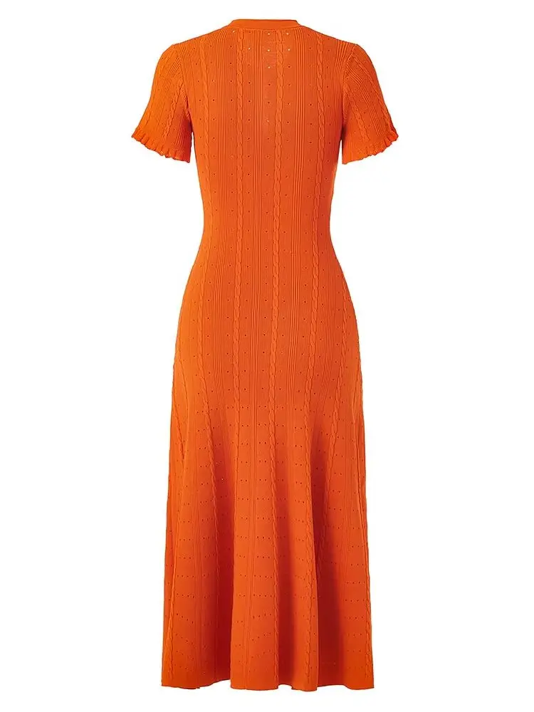 Sommerliche elegante Damen-Strickkleider, einreihig, lang, einfarbig, Kurzarm, O-Ausschnitt, geknöpft, figurbetont, Partykleid, Damenkleider
