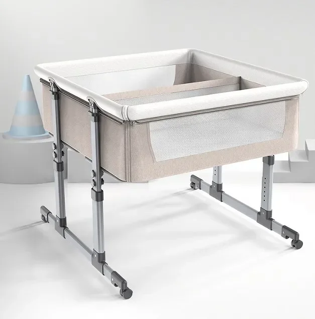 Customizable Twin Baby Bassinet Bed Metal Crib New Design Modern High Quality for Babies Gray and Khaki