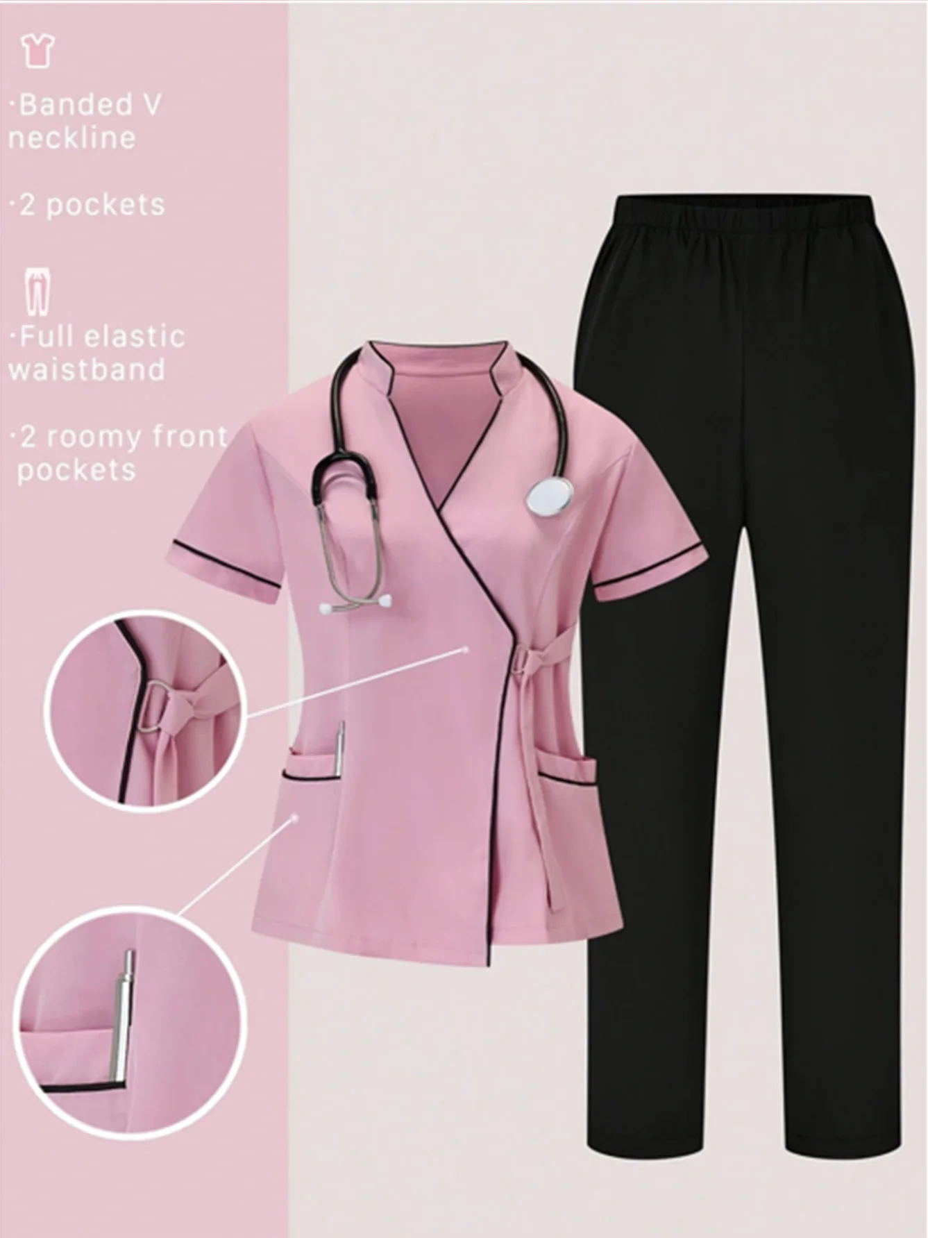 (set da 4 pezzi) Set sportivo da donna, uniforme da infermiera elasticizzata opaca, abbigliamento da lavoro, top medico traspirante, tasche casual color block