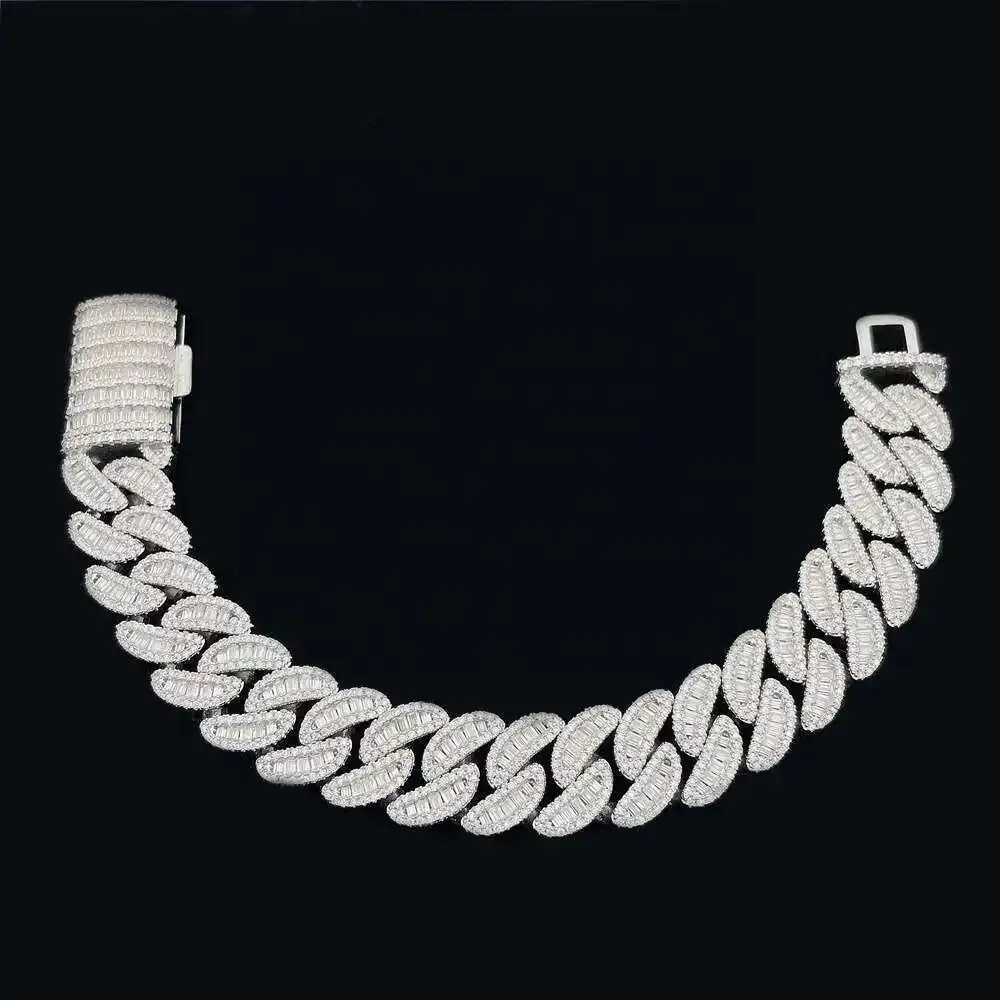 

Fully Iced Out Jewelry 925 Sterling Silver Gold Plated Vvs Moissanite 15mm Baguette Cuban Link Chain Icy Cuban Chain Necklace