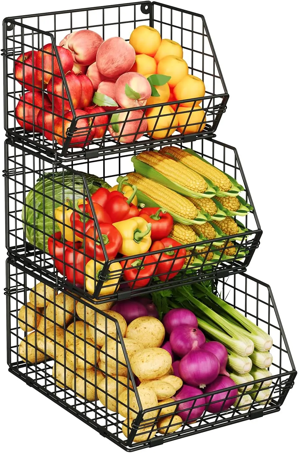 3-Tier Stackable Wire Baskets for Pantry Organization and Storage, Kitchen Counter Basket for Potato Onion Storage