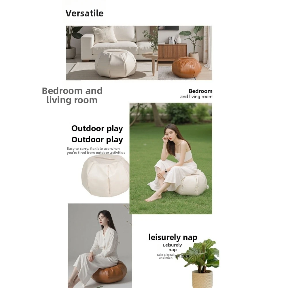 Vintage Round Pumpkin Pouf Cover Leather Large Capacity Seat Cushion Cover Decorative Footstool Cover Bay Window