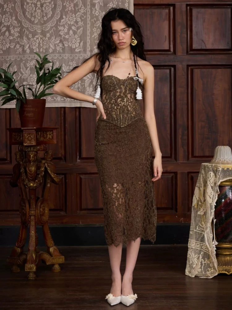 

Women Lace Skirts Two Piece Set Sexy Strapless Backless Short Top & High Waist Long Slim Skirt Suits Party Evening Cocktail Sets