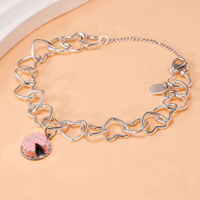 

Genuine 925 sterling silver Connected Hearts Charm Bracelet paired with Enamel birthday cake Charm Pendant