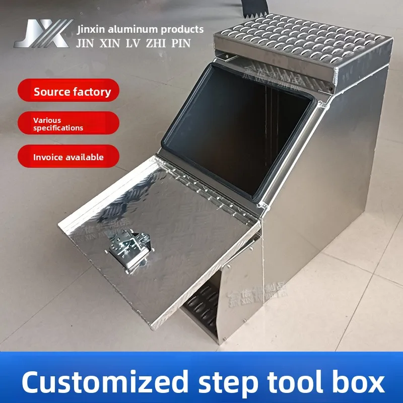 Aluminum Truck Step Tool Box with Anti Slip Checker Plate, Underbody Storage Case for Pickup Cargo Bed and Trailer, Welded