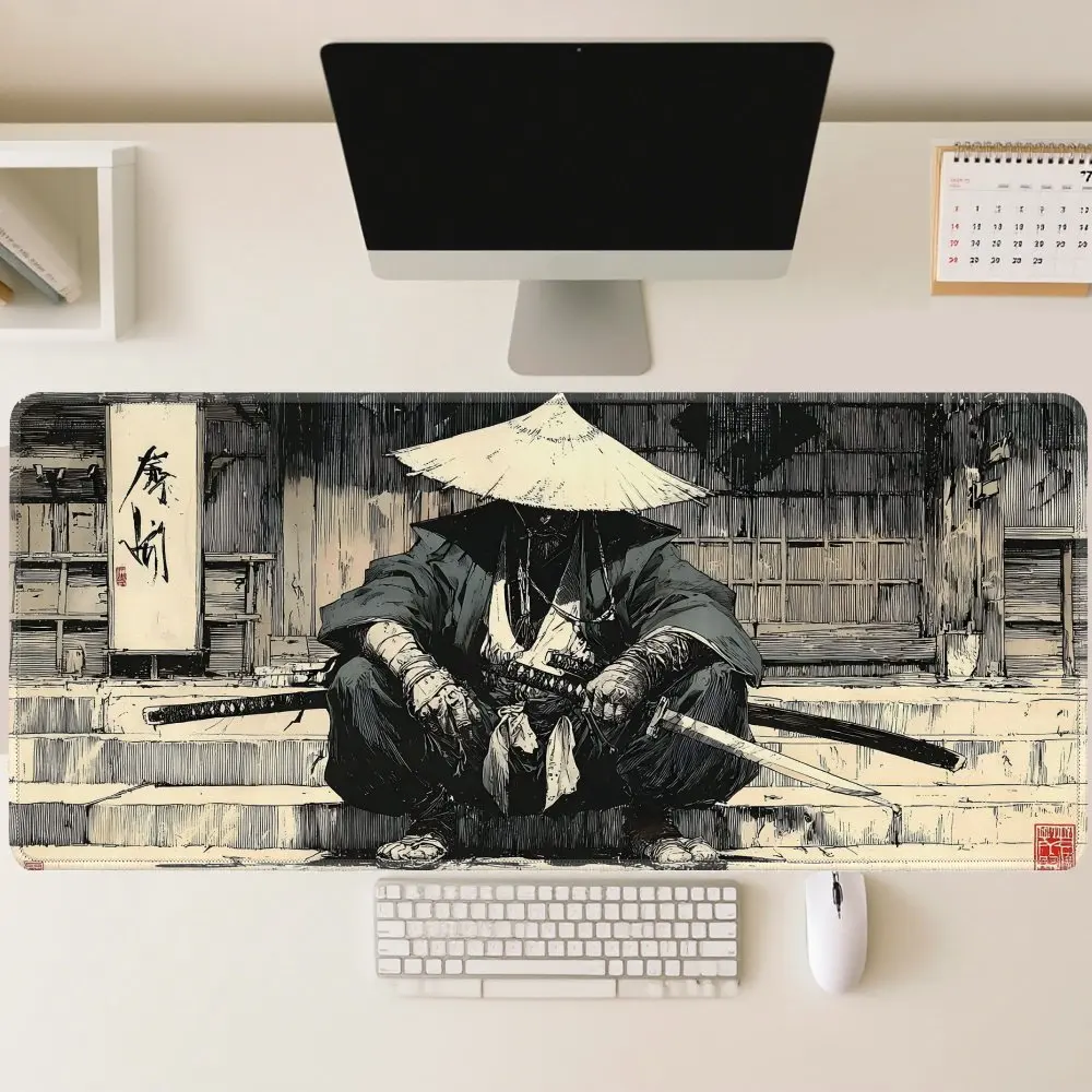 Game table mats & mouse pads - Black and white design inspired by Japanese anime warriors, with anti-slip rubber bases