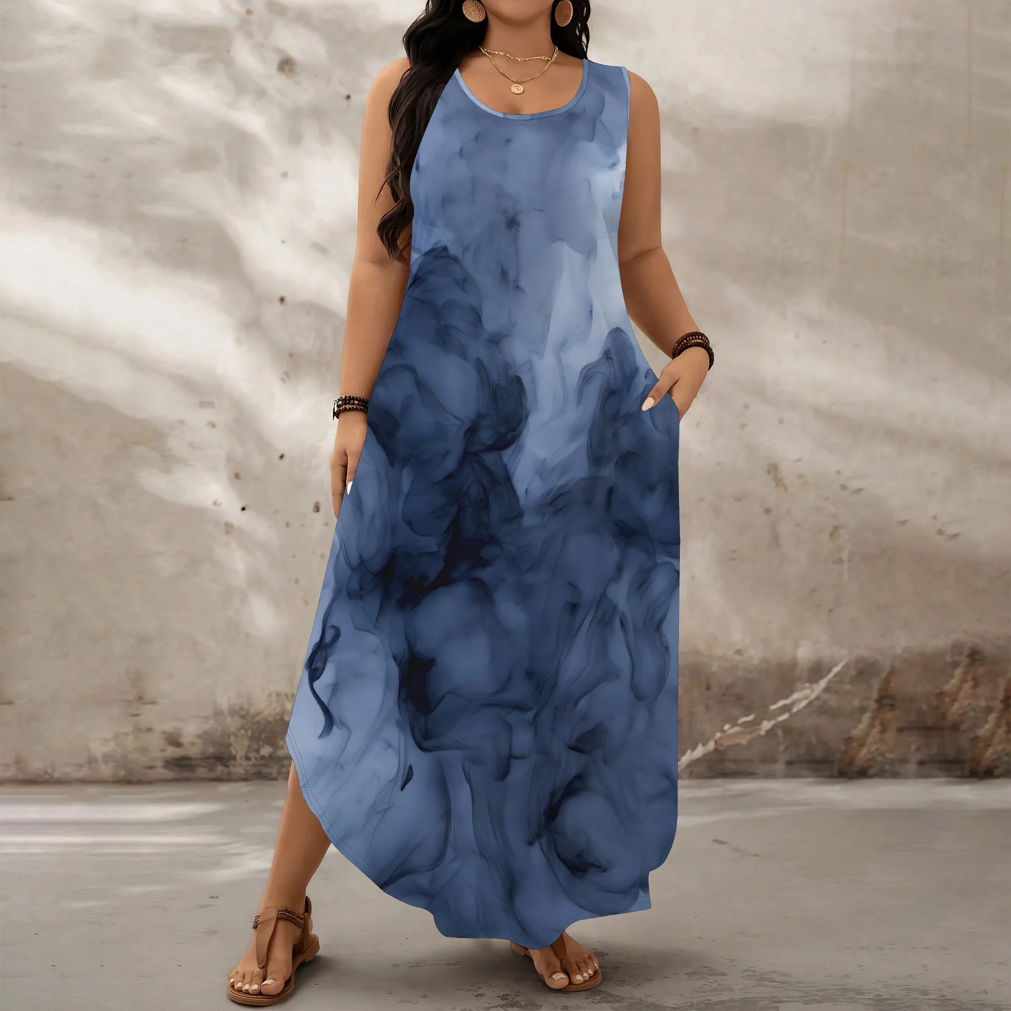 

Women's Floral Polyester Plus Size Sleeveless Dress Faded Blue Party Evening