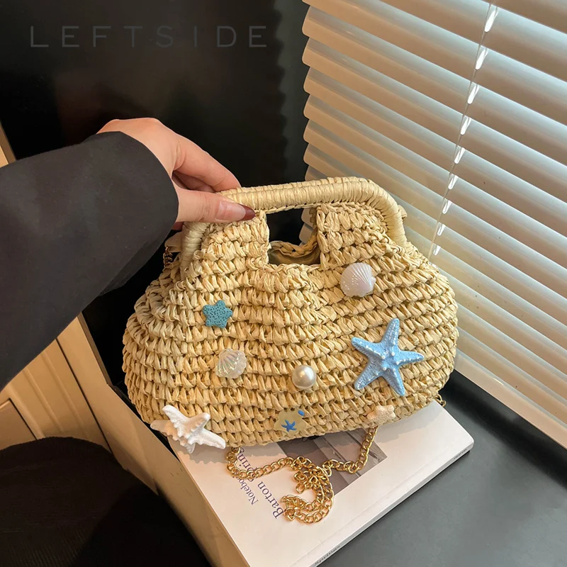 

Women Handwoven Straw Tote Bag with 3D Starfish Shell Decor Mini Summer Beach Crossbody Bags with Chain Strap 2026 Handbags