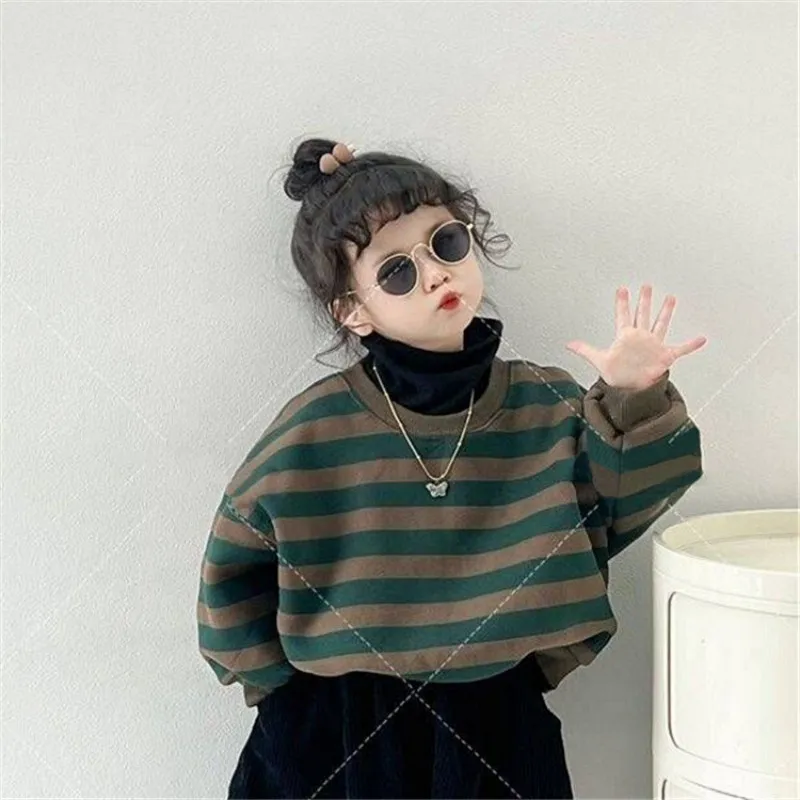 الأطفال المخملية سميكة قطعتين مجموعة الخريف الشتاء الفتيان الفتيات مخطط فضفاض جولة الرقبة هوديي مع Harajuku الساق الجوارب #2