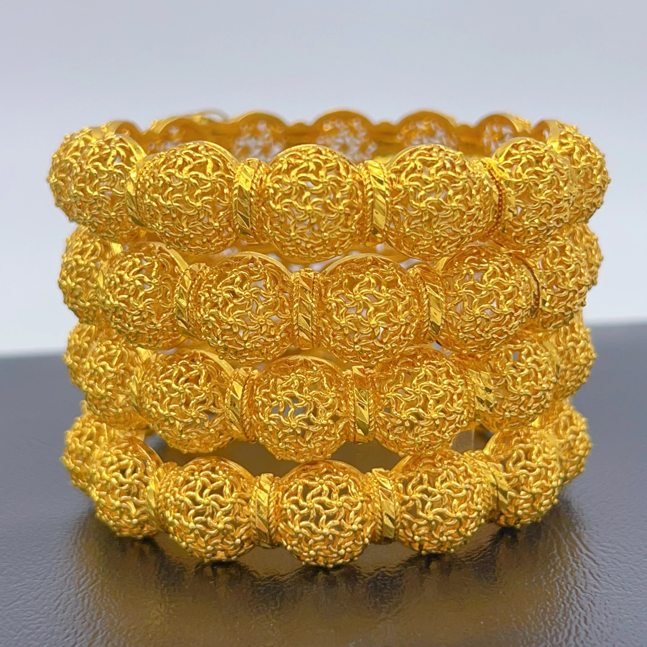 24k Gold Color Dubai Indian Ball Bangles For Women African Bridal Bangles Bracelets Flower Wedding Bangles Jewellery Party Gifts
