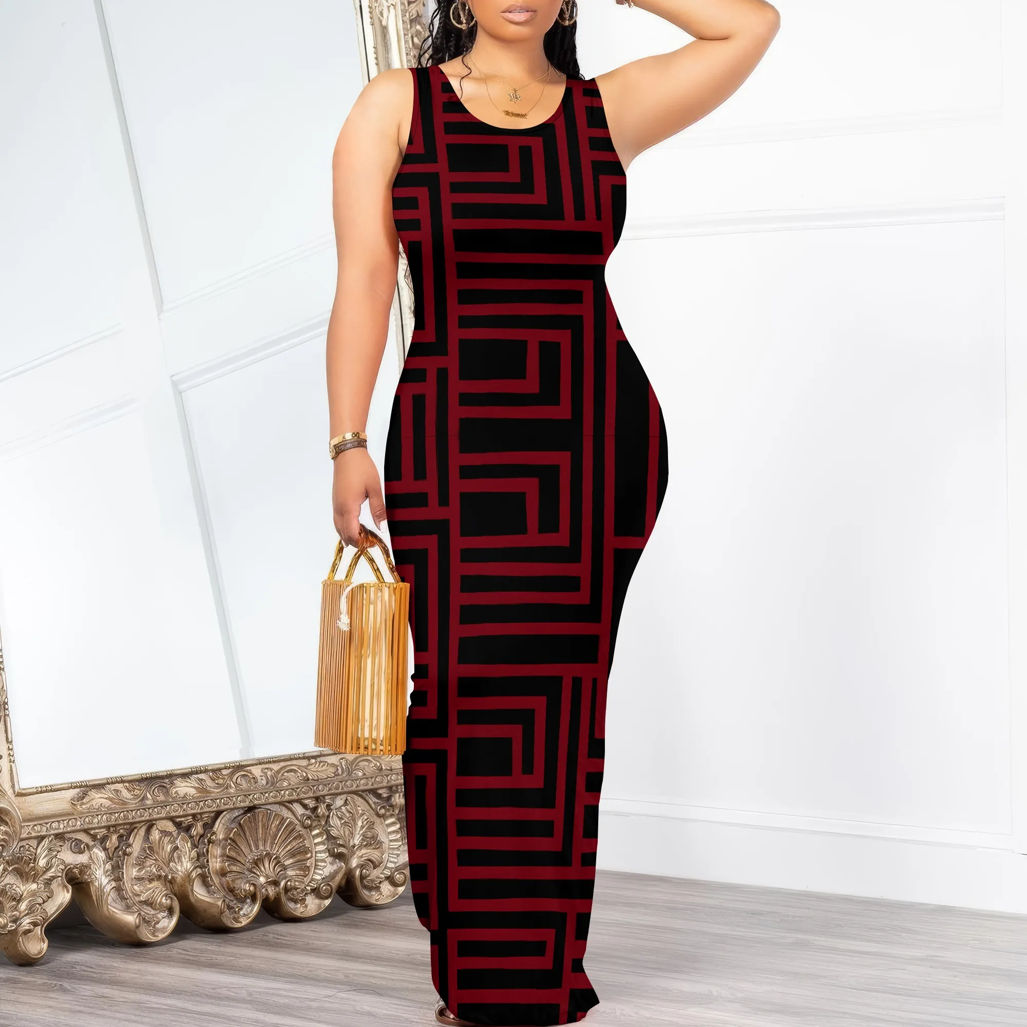 

Red Geometric Print Bodycon Maxi Dress S-3XL Sleeveless Scoop Neck for Evening Party, Date Night or Street Chic Look