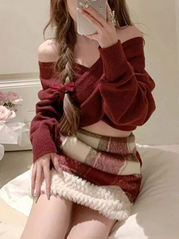 Christmas Sweet knitted Two Piece Set Women Off Shoulder Sexy Plaid Skirt Suit Famale Korean Fashion Casual Chic Set 2024 Winter