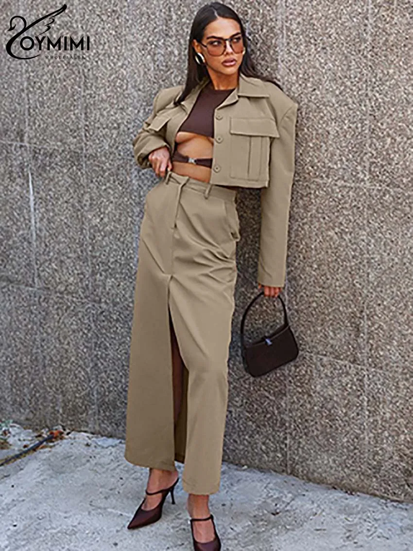 

Oymimi Casual Khaki Women 2 Piece Set Outfit Fashion Long Sleeve Button Pockets Crop Shirts And Straight Ankle-Length Skirts Set