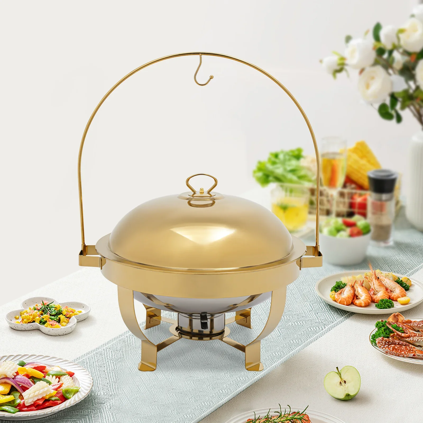 

8L Gold Hanging Cover Alcohol Cooker (Round Cover) For Home Restaurant Cook, Home Kitchenware