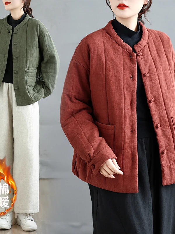 

Стеганая хлопковая куртка, женская зимняя одежда большого размера в стиле ретро, художественная китайская хлопковая одежда, модная свободная посадка