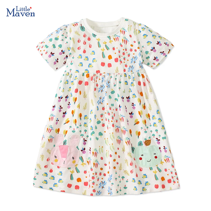 Little maven 2024 New Summer Children \'s Clothing for Kid Clothes for Baby Girls Cotton Cartoon Vegetable Kids Party Dresses