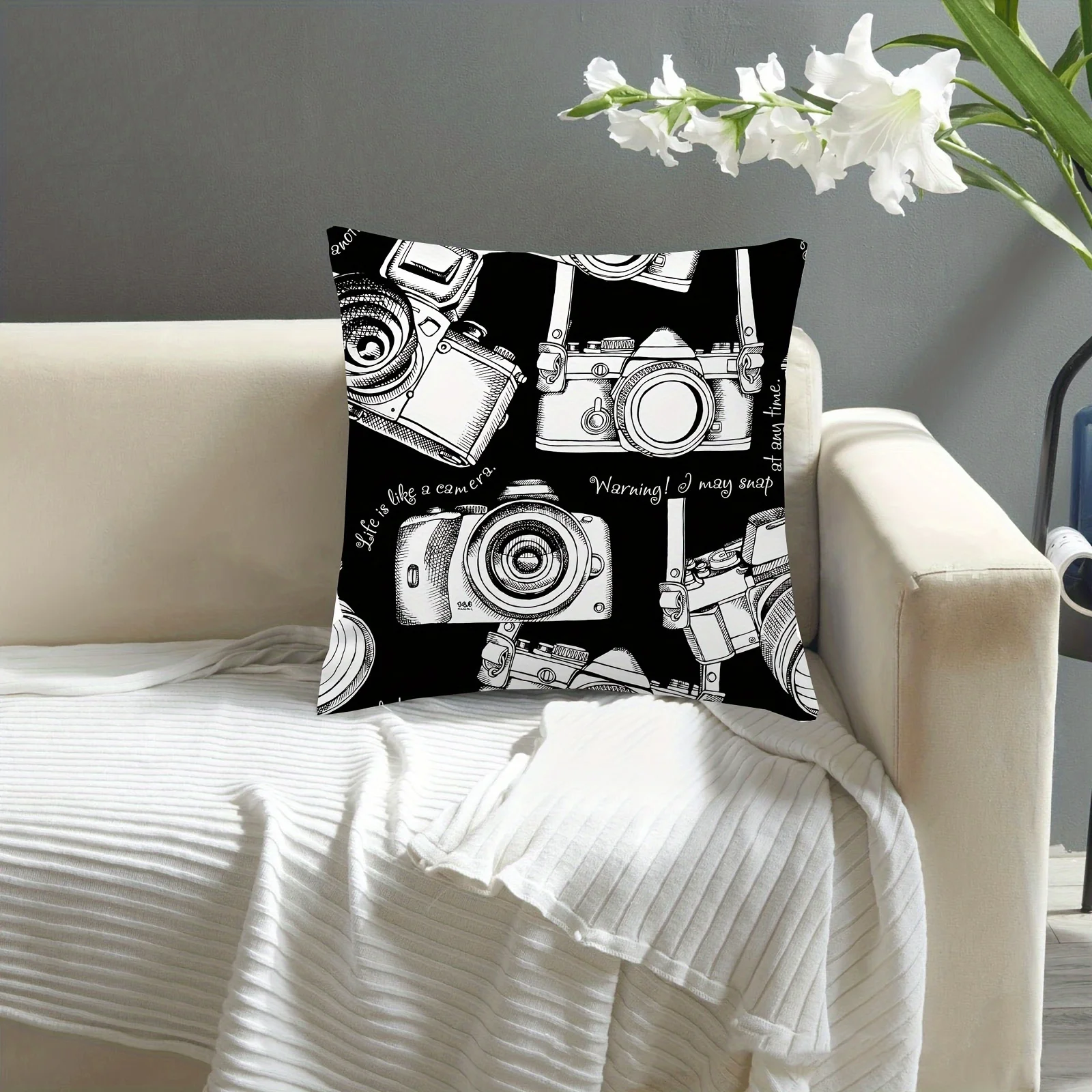 1pc Vintage Camera Decorative Pillow Cover, Photography Theme Cushion Case for Sofa Bedroom Home Decor