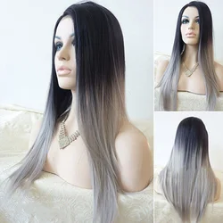 WHIMSICAL W Synthetic Wigs for Women Long Straight Black Ombre Grey Wigs Middle Part Daily Use Costume Wigs