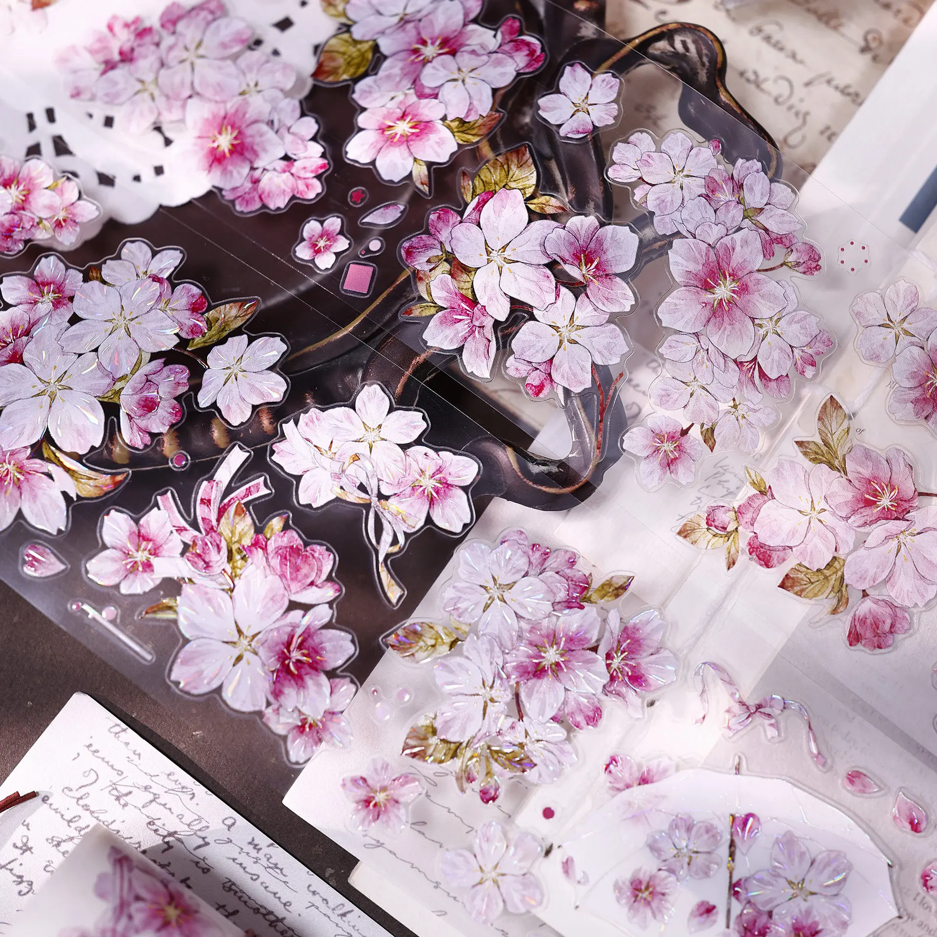 Light Retro Pink Cherry Blossom Floral Washi PET Shell Shiny Die-Cut Tape for Journal Scrapbooking DIY Craft