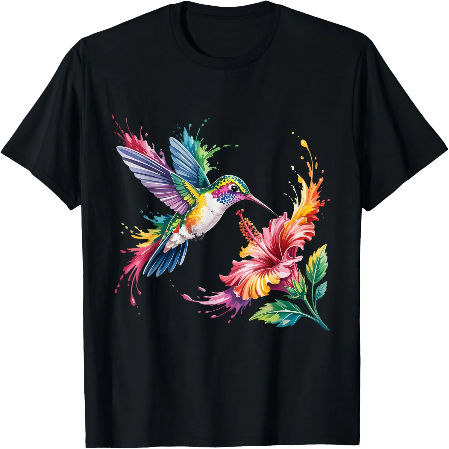 Colorful Splash Art Hummingbird Hibiscus Flower Vibrant Rainbow T-Shirt