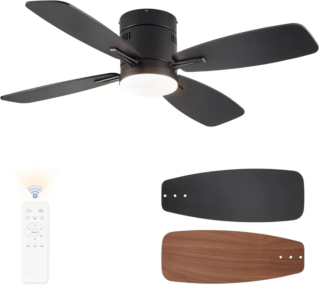 

42 Inch Ceiling Fans with Lights and Remote Control,Flush Mount Ceiling Fan with Quiet Reversible DC Motor