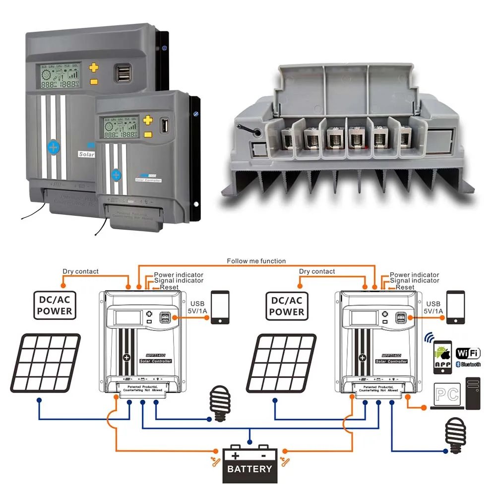 Solar Controller MPPT 12V 24V Auto Bluetooth WiFi USB Output 5V 10A 20A 30A 40A for Gel LiFePO4 AGM Battery PV Charger